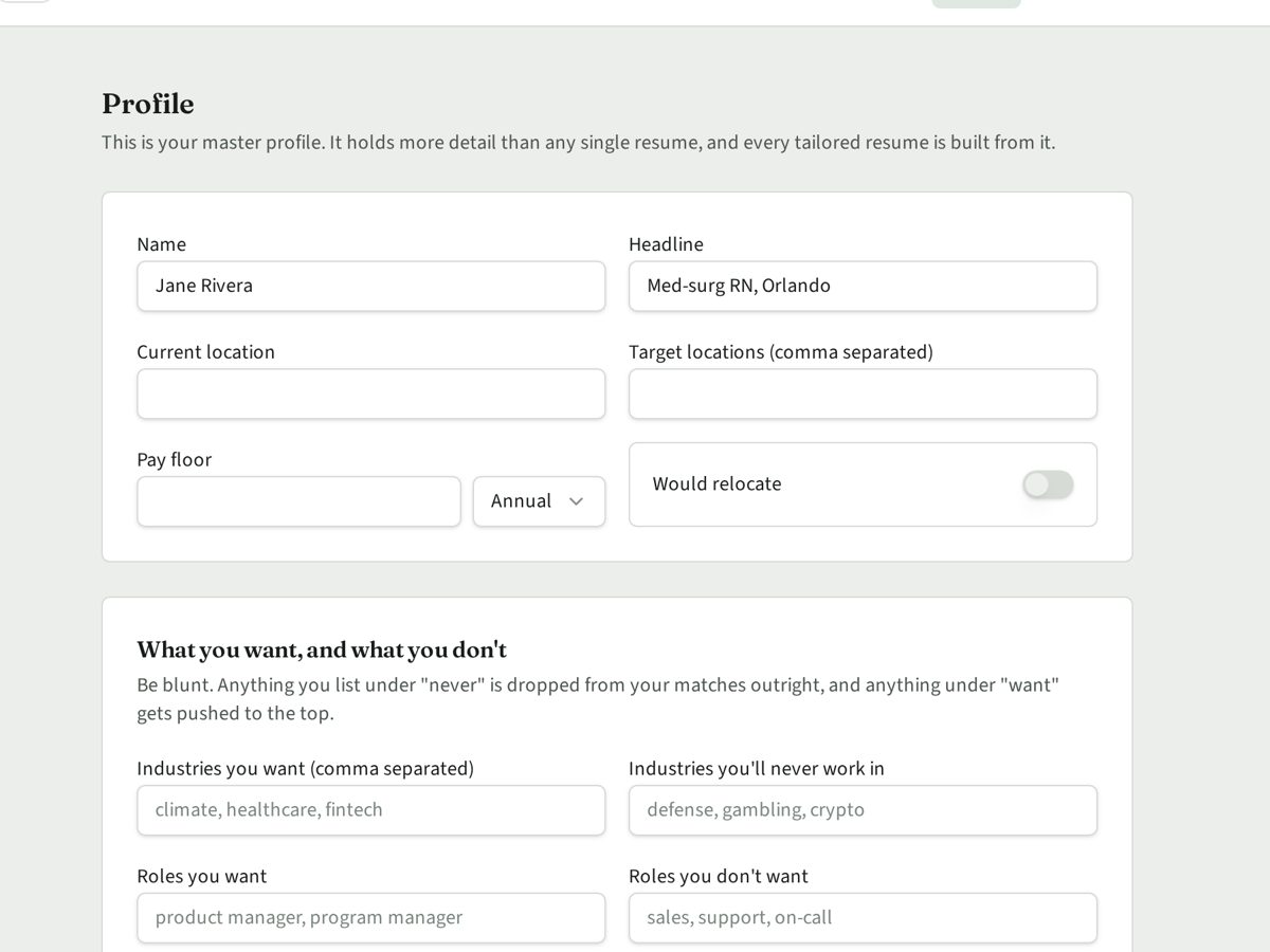 Lucca profile builder with name, target locations, pay floor, and the industries you want or refuse